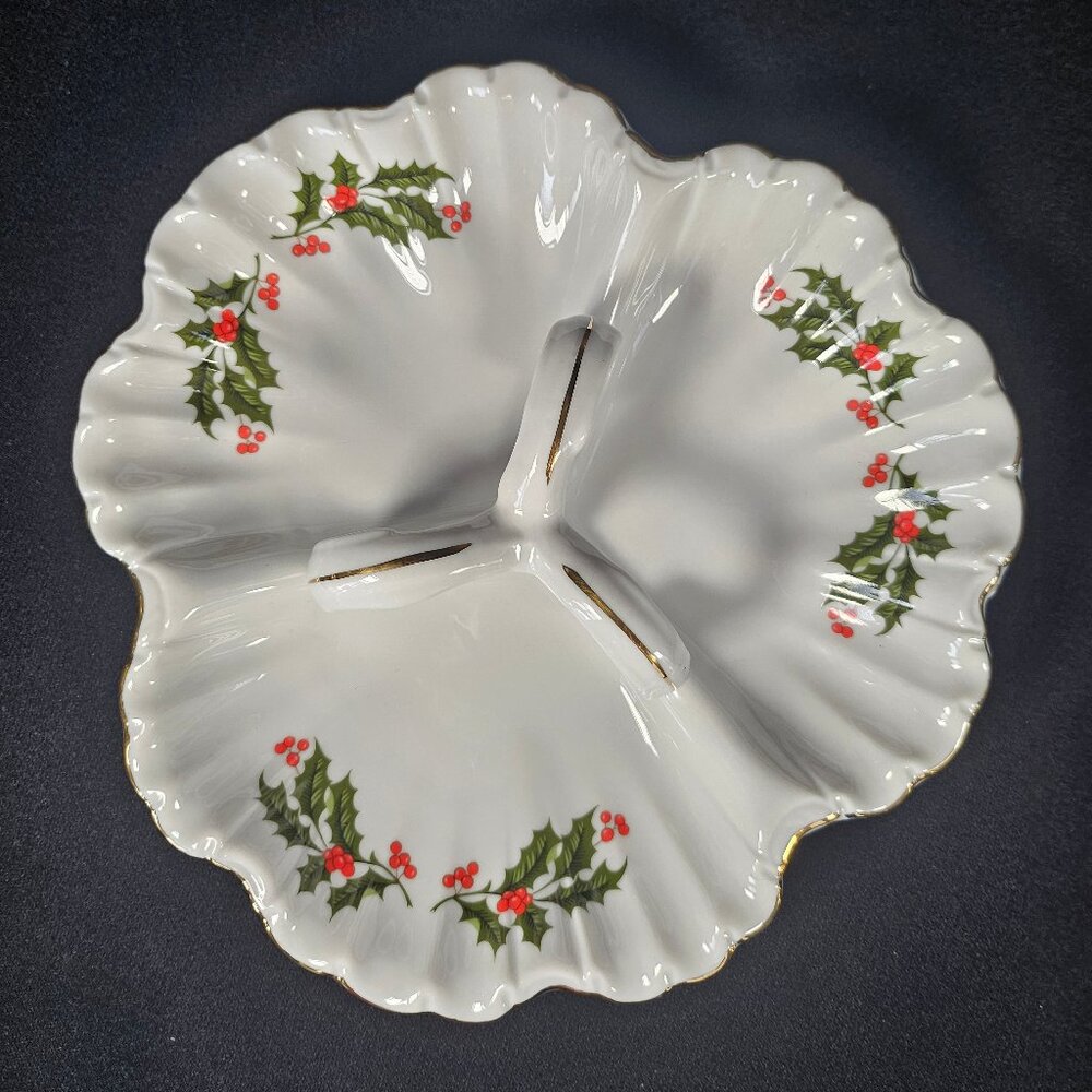 Kashima Japan 3 Section Porcelain With Holly and Berry Fancy Christmas Dish